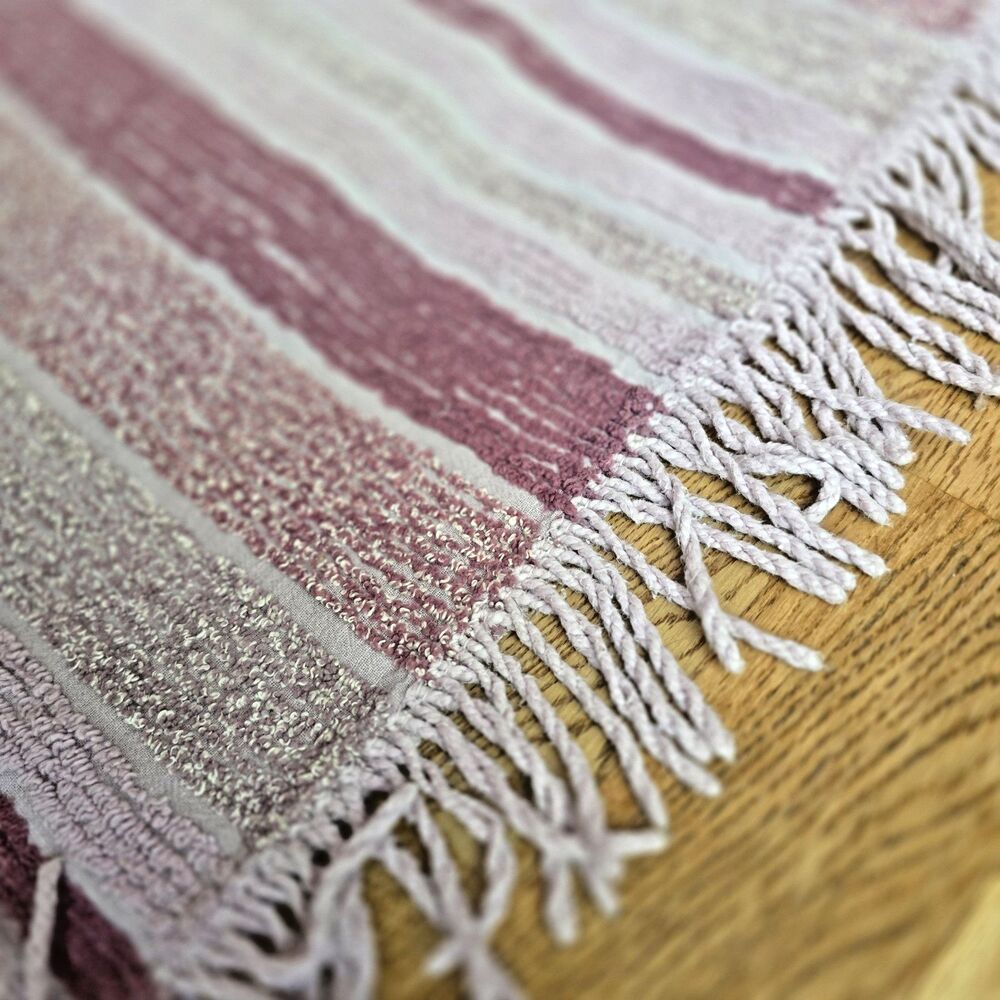 Vintage Pink Chenille Bedspread 101x90 Striped Fringe Cottage Full Queen